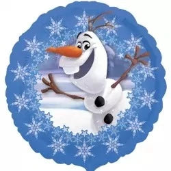 18″ Street Treat Frozen Olaf Foil Balloon featuring Olaf the snowman against a blue background with a white snowflake border.