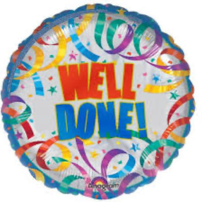 18″ Well Done Ribbons Round Foil Balloon with the text WELL DONE! in bold letters, decorated with colorful streamers and confetti.