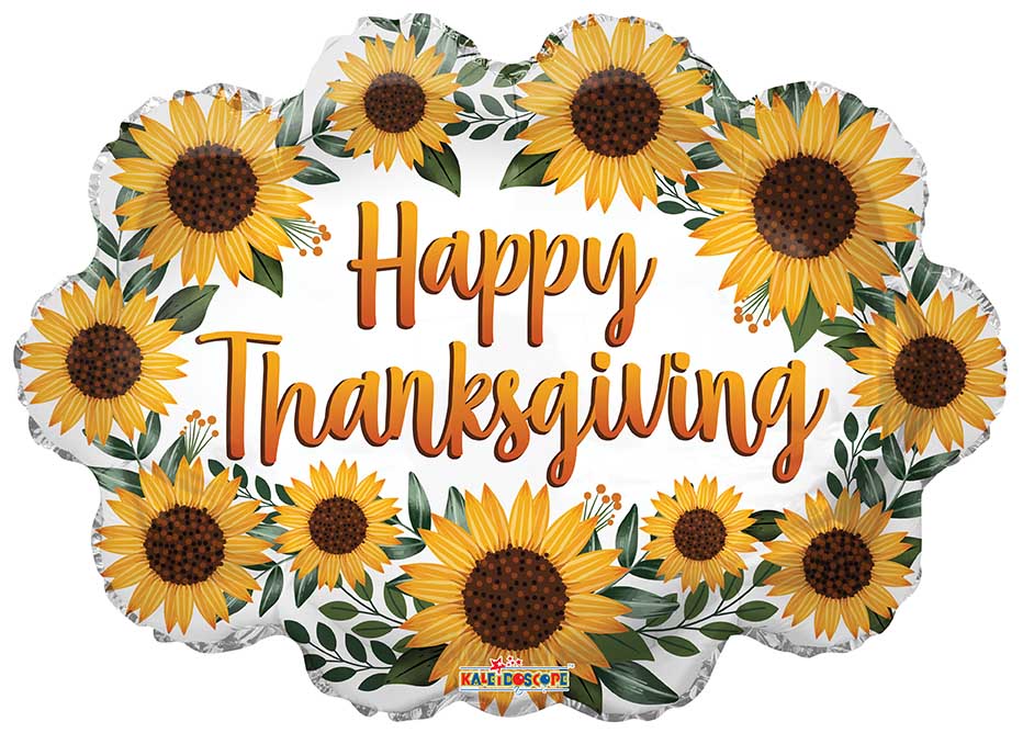 Manufactured by Convergram in Mexico measuring 20 Inches with message Thanksgiving Sunflower Wreath. Balloon is shown uninflated.