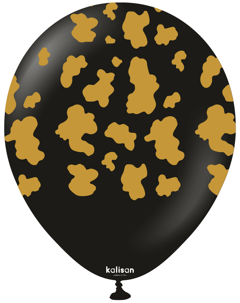 12" Kalisan Safari Cow Black (Printed Gold-(25 Per Bag) Latex Balloons