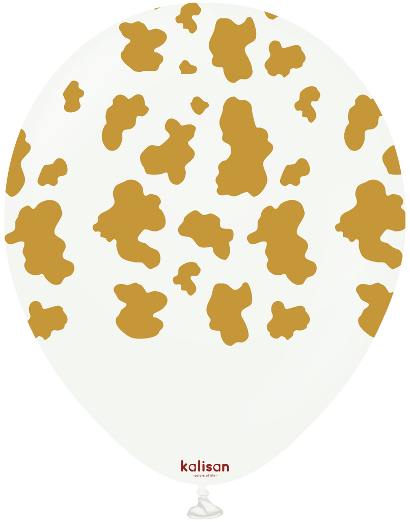 12" Kalisan Safari Cow White (Printed Gold-(25 Per Bag) Latex Balloons