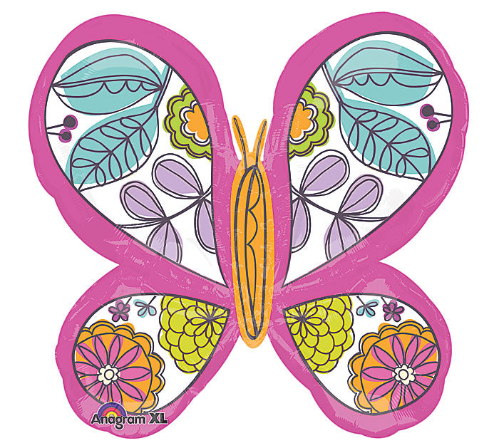 33" Pink Green Butterfly Mylar Balloon