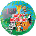 The 18" Jungle Happy Birthday Oaktree Brand Mylar/Foil Balloon showcases vibrant cartoon jungle animals—including an elephant, giraffe, monkey, zebra, tiger, lion, and toucan—gathered around bold red "Jungle Happy Birthday" text, all set against a lively backdrop of green leaves and a blue sky.