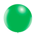A shiny, round 23'' Balloonia Latex Balloons Professional Line Standard Green (5 per bag) by Balloonia, featuring a small knot at the bottom and displayed on a plain white background.