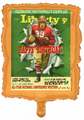 The 23" Liberty Happy Birthday Football Hero Balloon by Classic features a vintage magazine cover of a football player in red bursting through paper, with "HAPPY BIRTHDAY!" in bold red letters on gold.