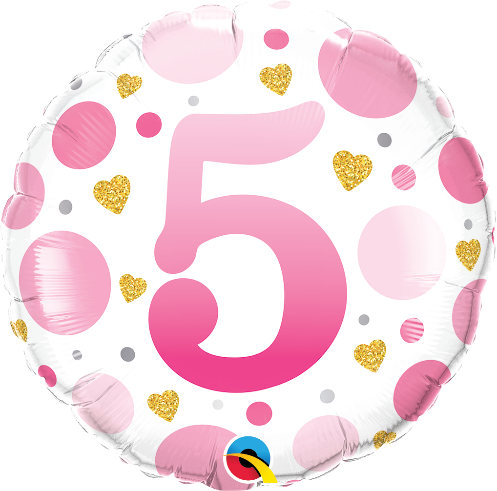 18" Round Age 5 Pink Dots Foil Balloon