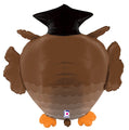 The Betallic Brand 28" Multi-Sided Foil Shape Dimensionals Grad Owl Balloon features a brown and tan owl design with outstretched wings, orange feet, and a black pointed head shown from the back.