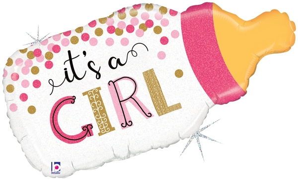 33" Shape Holographic Confetti Baby Bottle Girl Foil Balloon