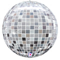 The 15" Disco Ball Globe Foil Balloon by Betallic Brand mimics a disco ball with silver, gray, and glittery mirrored squares, reflective highlights, and features the Betallic logo at the bottom.