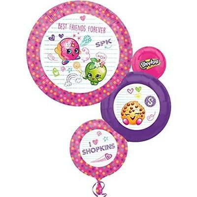 Three round 28″ Shopkins Supershape Foil Balloons decorated with Shopkins characters, colorful patterns, and the text Best Friends Forever and I Heart Shopkins.