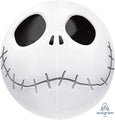 A 16" Orbz Jack Skellington Balloon by Anagram/MD features a round design with a white face, large black eyes, two small nose holes, and a stitched, smiling mouth. The background is white with the Anagram logo in the lower right corner.