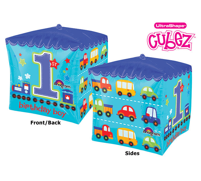 15" Cubez All Aboard 1st Bday Boy Balloon Packaged