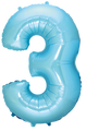 Inflated balloon to 32", 40" if uninflated. The color is Pastel Blue. Number "3" Foil Balloon Manufactured by Flexmetal in Spain.