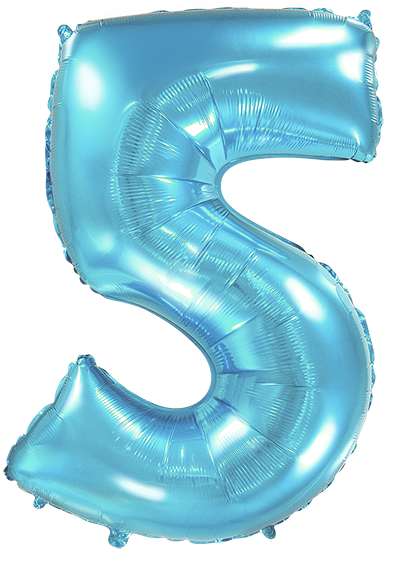 Inflated balloon to 32", 40" if uninflated. The color is Pastel Blue. Number "5" Foil Balloon Manufactured by Flexmetal in Spain.