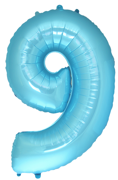 Inflated balloon to 32", 40" if uninflated. The color is Pastel Blue. Number "9" Foil Balloon Manufactured by Flexmetal in Spain.