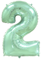 Inflated balloon to 32", 40" if uninflated. The color is Pastel Mint. Number "2" Foil Balloon Manufactured by Flexmetal in Spain.