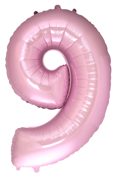 Inflated balloon to 32", 40" if uninflated. The color is Pastel Pink. Number "9" Foil Balloon Manufactured by Flexmetal in Spain.