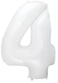 Inflated balloon to 32", 40" if uninflated. The color is White. Number "4" Foil Balloon Manufactured by Flexmetal in Spain.
