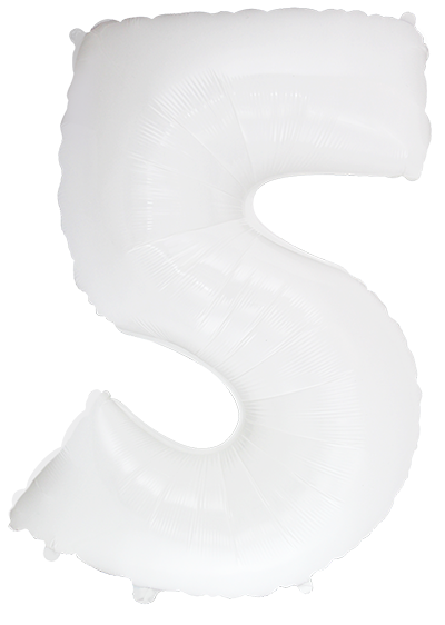 Inflated balloon to 32", 40" if uninflated. The color is White. Number "5" Foil Balloon Manufactured by Flexmetal in Spain.