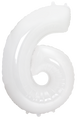 Inflated balloon to 32", 40" if uninflated. The color is White. Number "6" Foil Balloon Manufactured by Flexmetal in Spain.