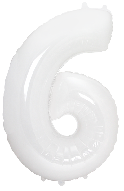 Inflated balloon to 32", 40" if uninflated. The color is White. Number "6" Foil Balloon Manufactured by Flexmetal in Spain.