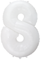 Inflated balloon to 32", 40" if uninflated. The color is White. Number "8" Foil Balloon Manufactured by Flexmetal in Spain.