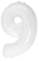 Inflated balloon to 32", 40" if uninflated. The color is White. Number "9" Foil Balloon Manufactured by Flexmetal in Spain.