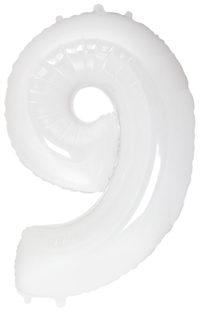 Inflated balloon to 32", 40" if uninflated. The color is White. Number "9" Foil Balloon Manufactured by Flexmetal in Spain.