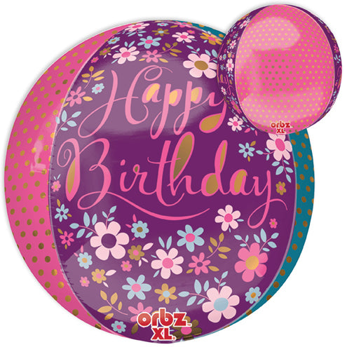 16" Orbz Jumbo Dainty Floral Happy Birthday Packaged Balloon