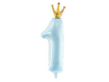 34″ Crown Number 1 Light Blue Foil Balloon in the shape of the number one, topped with a small gold crown.