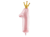 34″ Crown Number 1 Light Pink Foil Balloon shaped as the number one and topped with a small gold crown.