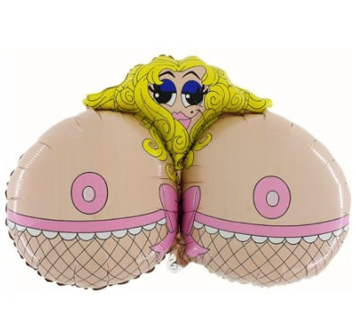 34″ Ms. Boobies foil balloon shaped like a cartoon woman’s torso with blonde hair, a pink top, and a fishnet pattern.