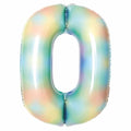 A 34″ Number 0 Pastel Rainbow Foil Balloon with a pastel rainbow tie-dye pattern.