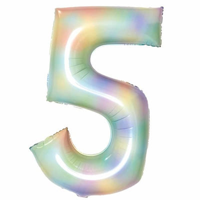 34″ Number 5 Pastel Rainbow Foil Balloon shaped like the number 5 in a pastel rainbow color gradient.