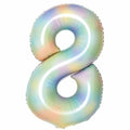 Amscan 34″ Number 8 Pastel Rainbow Foil Balloon in the shape of the number eight with a pastel rainbow gradient.