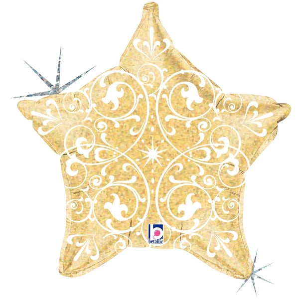 21" Holographic Star-Shaped Balloon Filigree Gold Star
