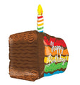 The Betallic 28" Multi-Sided Rainbow Birthday Cake Balloon is shaped like a chocolate cake slice with rainbow layers, chocolate frosting, a striped candle on top, and "Happy Birthday!" written on the side.