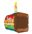 The Betallic 28" Multi-Sided Rainbow Birthday Cake Balloon is shaped like a cake slice with colorful layers, a candle on top, and "Happy Birthday!" written on the side.