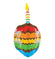 Celebrate with the Betallic 28" Multi-Sided Rainbow Birthday Cake Balloon, shaped like a cake slice with rainbow layers, chocolate icing, a candle on top, and "Happy Birthday!" in white script.