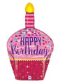 The 35" Multi-Sided Birthday Sparkles Cupcake Balloon by Betallic is a pink, cupcake-shaped balloon with multicolored dots, sparkles, and "Happy Birthday" in bold letters, topped with a lit candle for festive celebrations.
