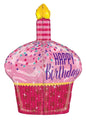 The Betallic 35" Multi-Sided Birthday Sparkles Cupcake Balloon features a cupcake shape with pink frosting, colorful sprinkles, a yellow candle topper, a red sparkly wrapper, and "HAPPY Birthday" written on the side.