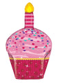 The 35" Multi-Sided Birthday Sparkles Cupcake Balloon by Betallic features a pink cupcake with colorful sprinkles, a yellow candle, striped and swirled patterns, and a gold-colored liner.