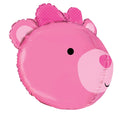 The Betallic 27" Multi-Sided Dimensionals Baby Girl Bear Balloon features a pink bear with a smiling face, black eyes, pink nose, and a polka-dotted pink bow on its head.