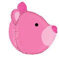 The Betallic 27" Multi-Sided Dimensionals Baby Girl Bear Balloon features a shiny pink bear head with a small nose, black eye, and polka-dotted inner ear accents.