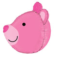 The Betallic 27" Multi-Sided Dimensionals Baby Girl Bear Balloon features a pink bear shape with a smiling face, black eyes, a light pink snout, and an ear accented by white polka dots.