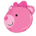 The Betallic 27" Multi-Sided Dimensionals Baby Girl Bear Balloon features a shiny pink bear shape with a smiling face, black eyes, light pink snout, and a pink polka-dotted bow on its head.