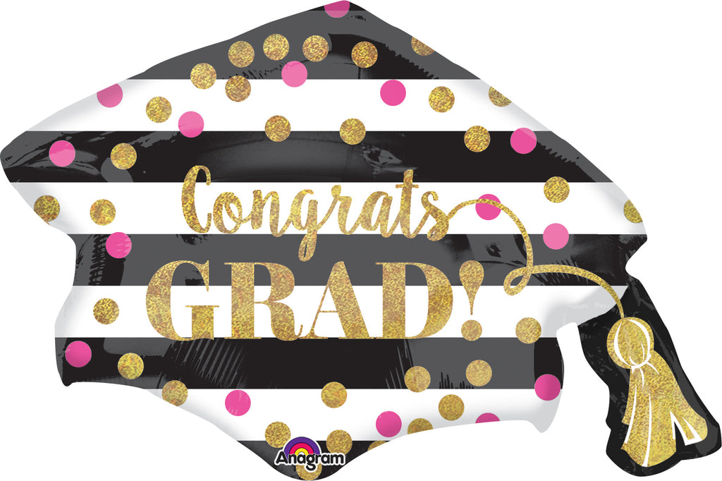 31" Jumbo Holographic Gold Confetti Grad Cap Balloon
