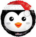 The Convergram 18" Snowman and Penguin Face Front/Back Foil Balloon features a festive penguin design with big eyes, an orange beak, and a red and white Santa hat.