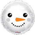 The Convergram 18" Snowman and Penguin Face Front/Back Foil Balloon features a round white snowman face with black eyes, an orange carrot-shaped nose, and a dotted black smile.