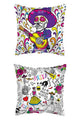 Two decorative pillows—one with a colorful skeleton in a purple hat playing guitar, the other with festive Día de los Muertos doodles—pair perfectly as party decor with the Convergram 18" Dia De Muertos Calaveras Gellibean Balloon.